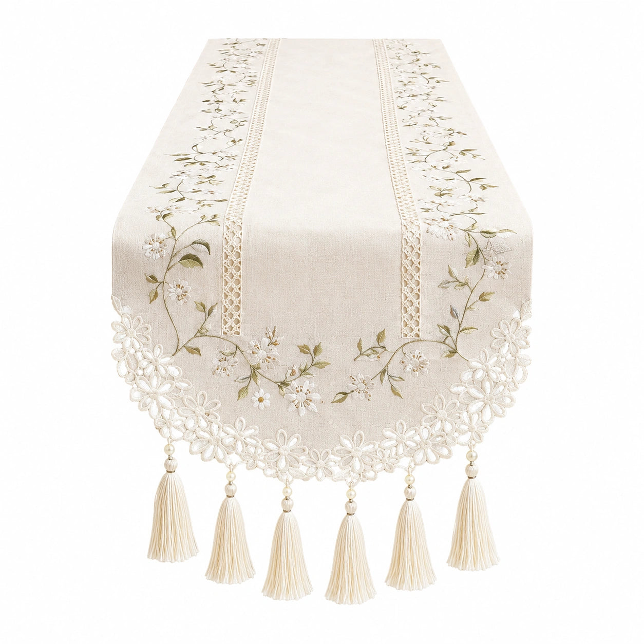 Camino de Mesa Beige Bordado con Flecos