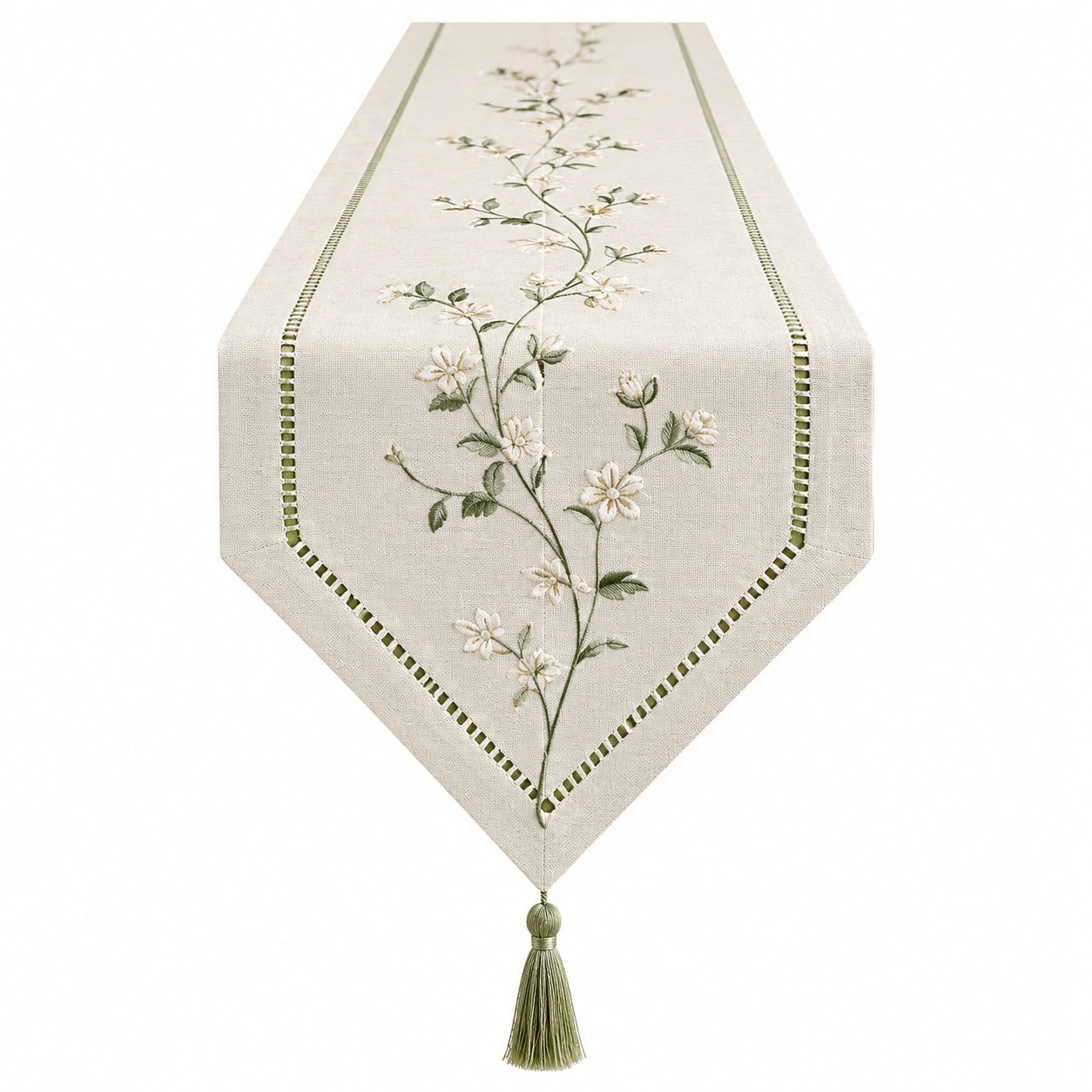 Camino de Mesa Floral Bordado Beige y Verde con Flecos