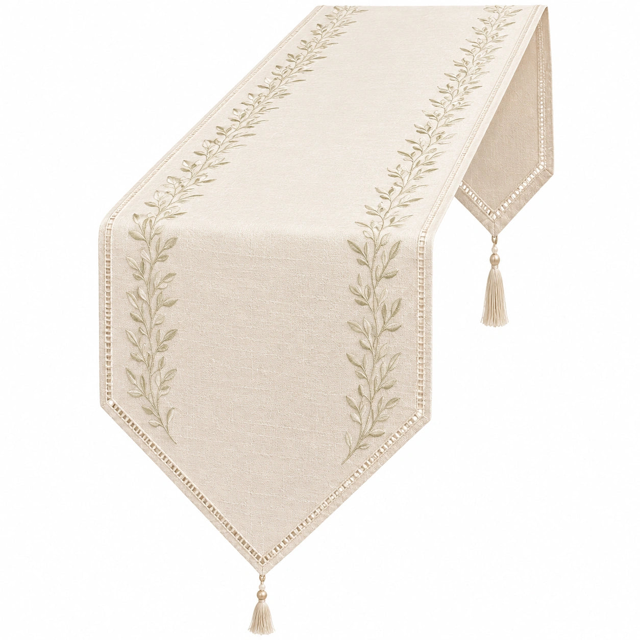 Camino de Mesa Bordado Beige con Diseño de Hojas y Borlas