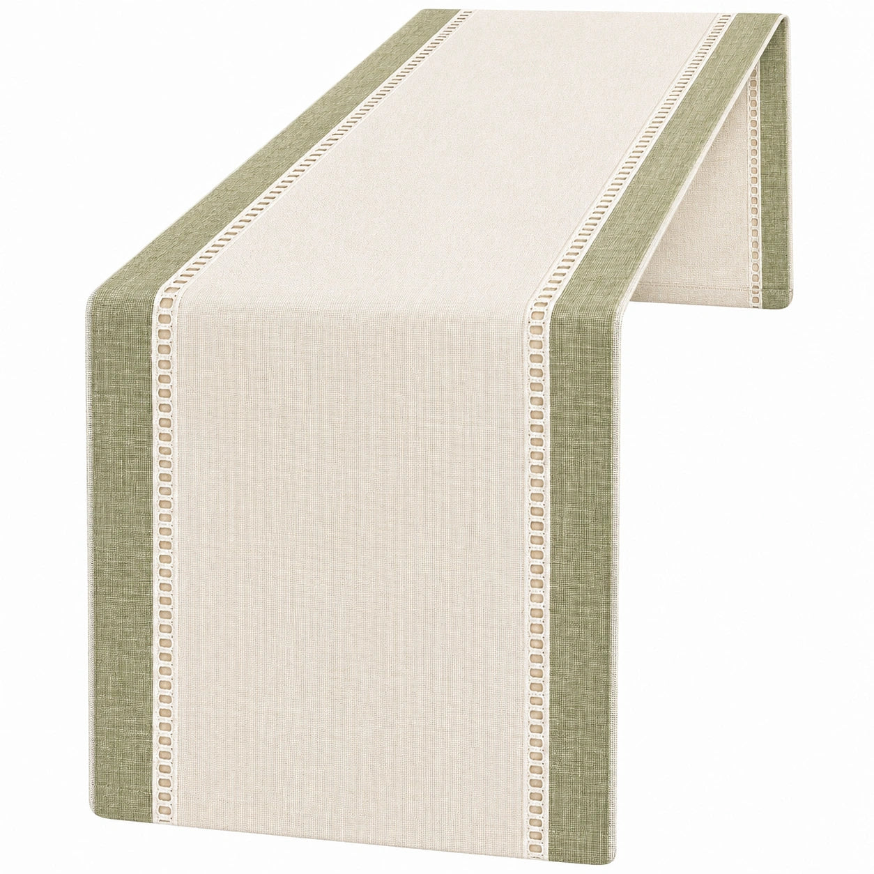Camino de Mesa Beige y Verde con Borde Decorativo 180x30 cm