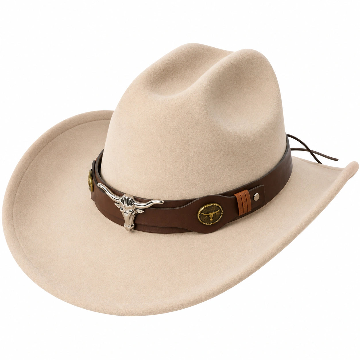 Sombrero vaquero beige con banda de cuero decorativa