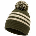 Gorro de punto con rayas y pompón verde oliva y crema