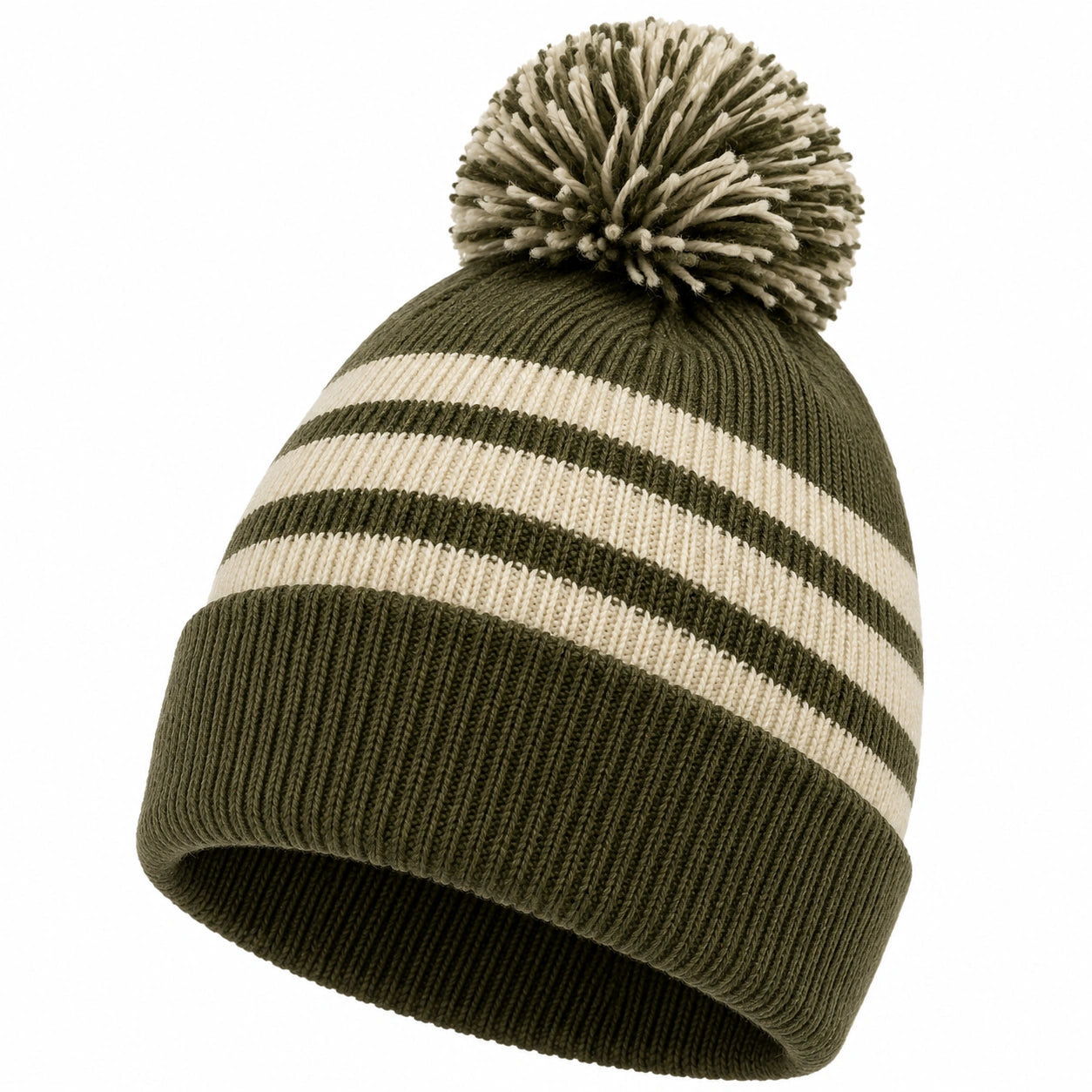 Gorro de punto con rayas y pompón verde oliva y crema