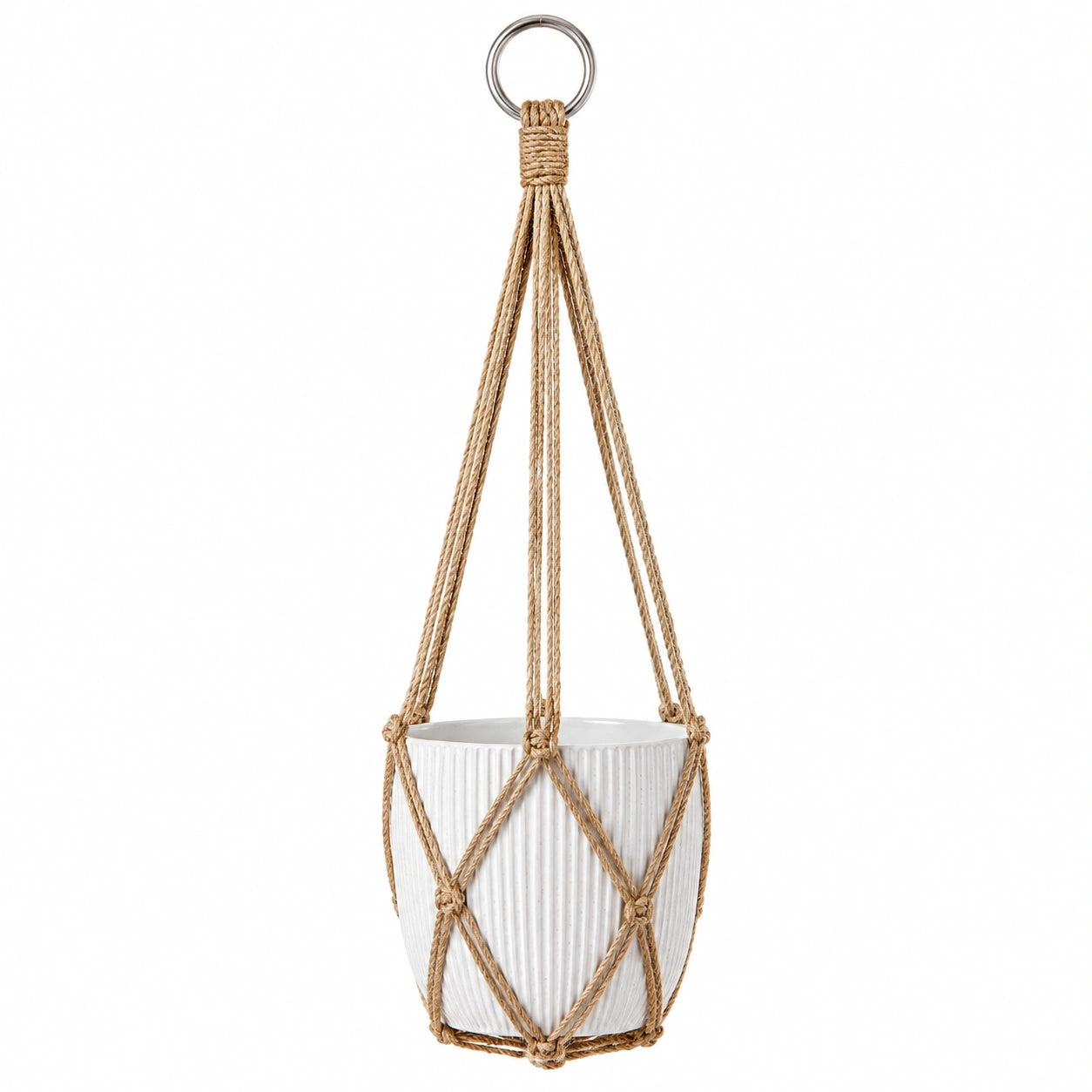 Macetero Colgante Blanco con Cuerda de Macramé, 14x14x13cm