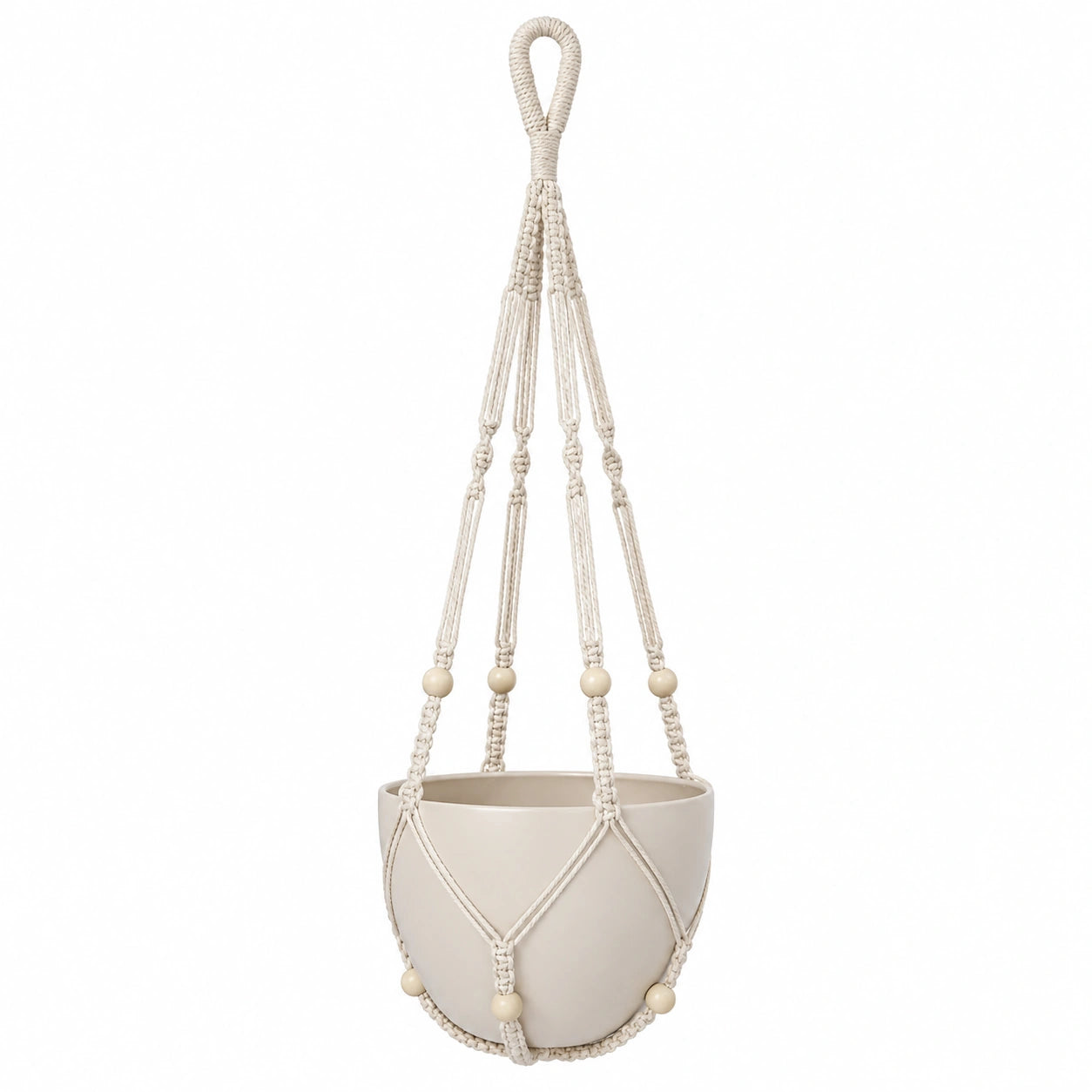 Macetero Colgante Beige con Cuerda Tejida