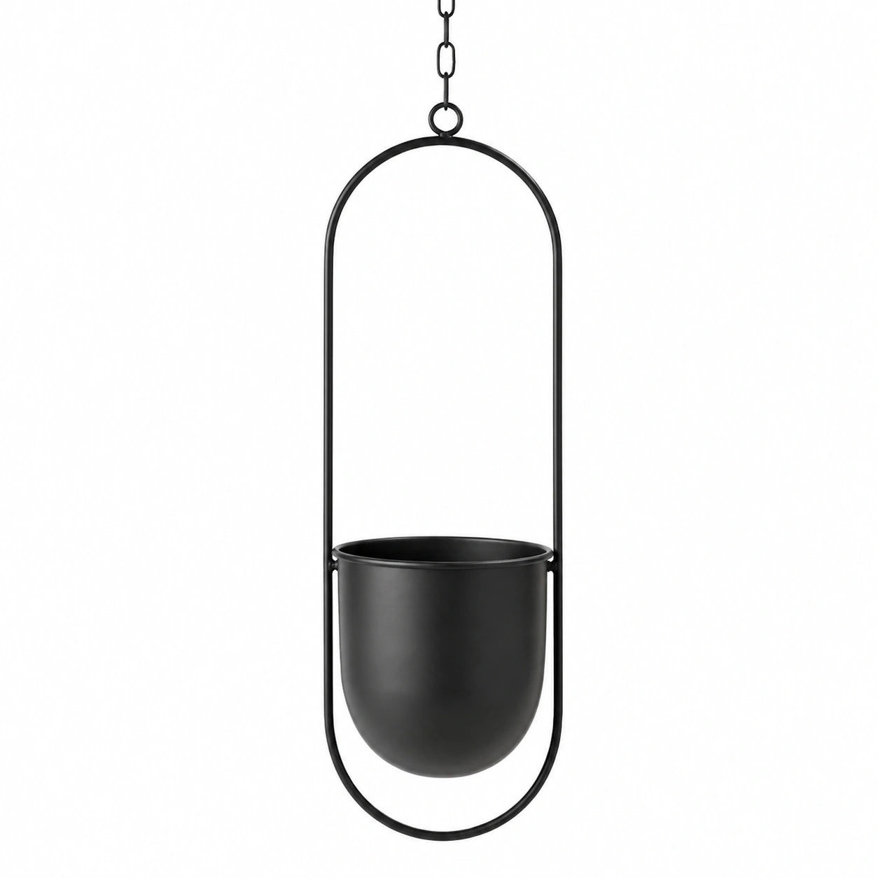 Macetero colgante de hierro negro con diseño minimalista