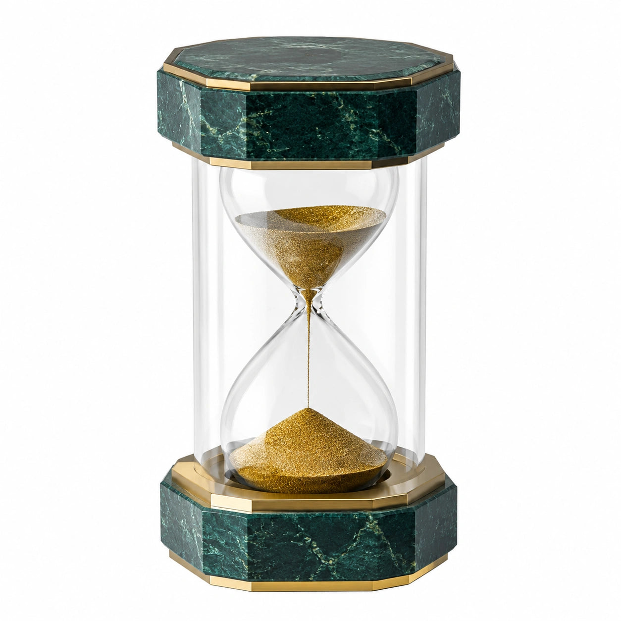 Reloj de Arena Decorativo de Vidrio y Mármol Verde con Arena Dorada
